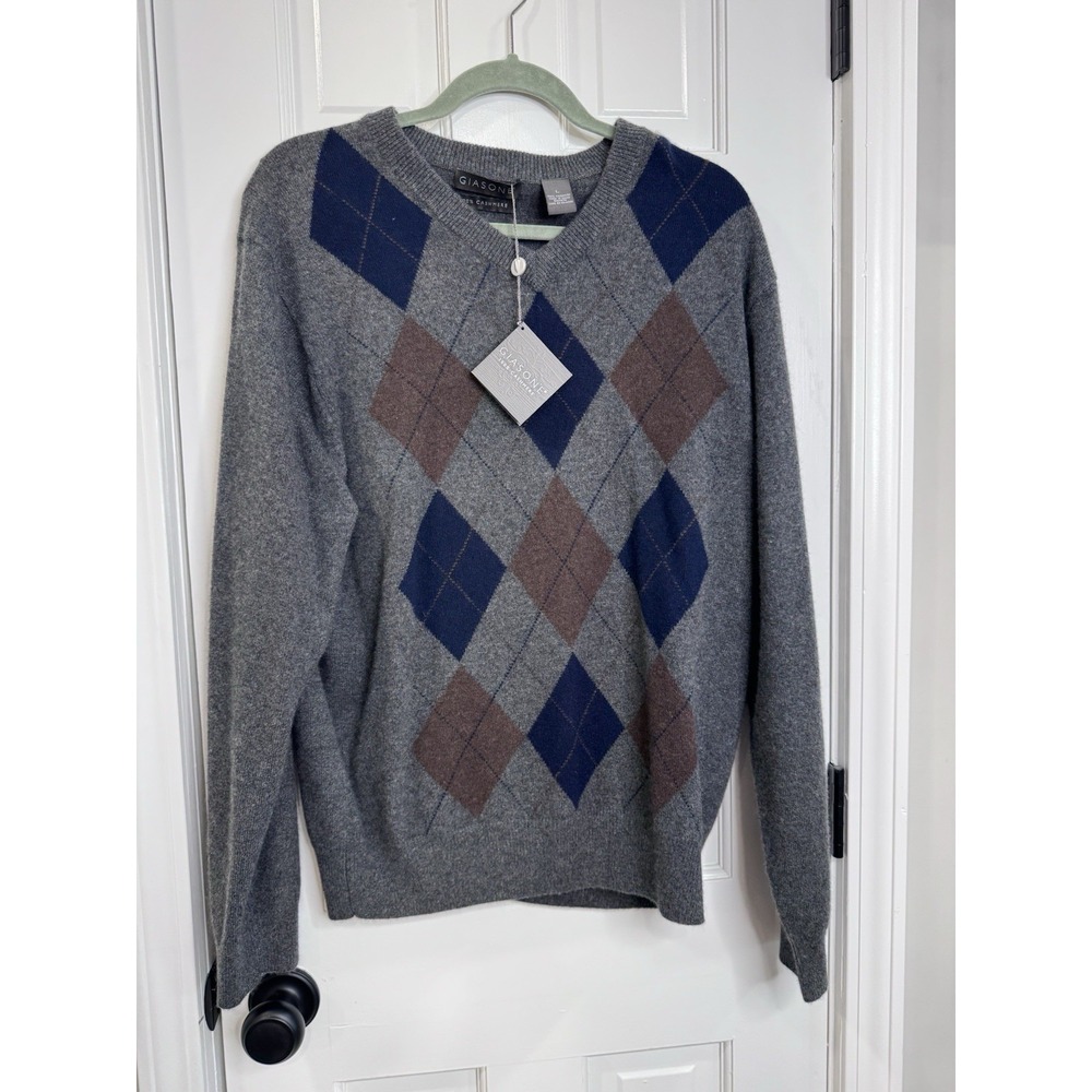Giasone large Luxurious Argyle Men's Gray 100% Cashmere Crew Sweater designer